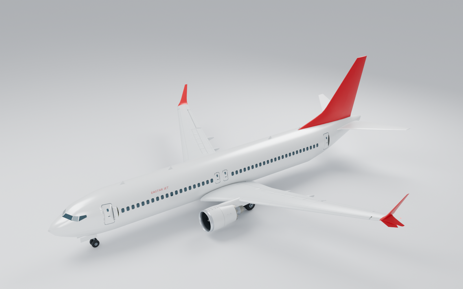 B737-8 Explorer의 실제 배포 모델을 Blender에서 렌더링한 기체 전체 사선 모습